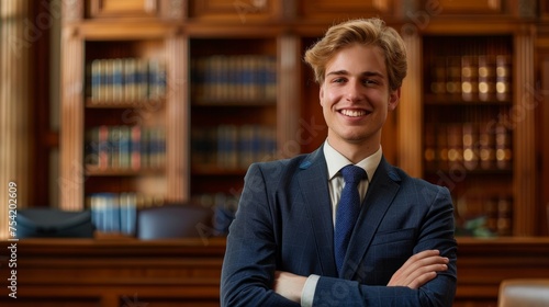 professional banner with lot of empty copy space, Professional photography of a caucasian blond young male lawyer smiling, courtroom background, stock photography 