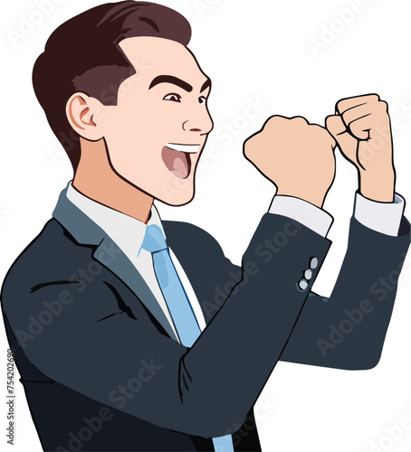 Vector illustration of an ecstatic cartoon businessman with raised fists in triumph
