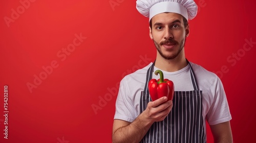 Puzzled young male chef cook or baker man in striped apron white t-shirt toque chefs hat isolated on red background. Cooking food concept. Mock up copy space. Hold fresh vegetable half of bell pepper 