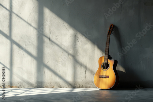 A classic guitar in an empty room illuminated by sunlight leaning against an empty wall with space for text or inscriptions. Musical background
