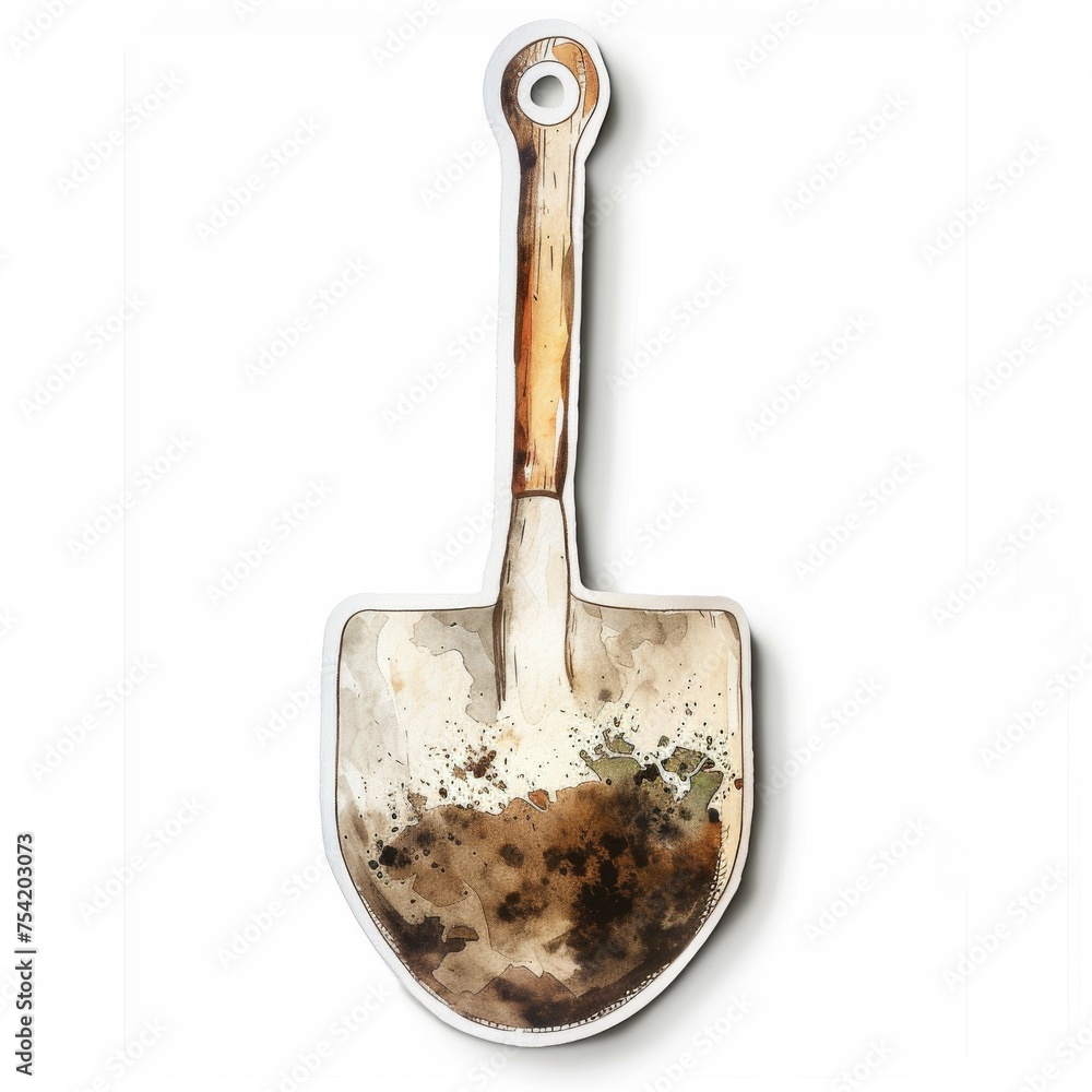 Metal shovel, garden tool, watercolor , natural color, 3d sticker.