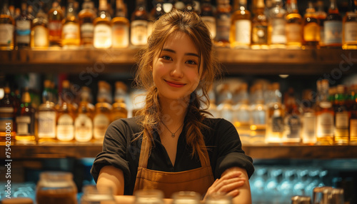 Asian woman Bartender Working in modern bar in summer time.Earning money abroad, Restaurant business, Alcohol concept