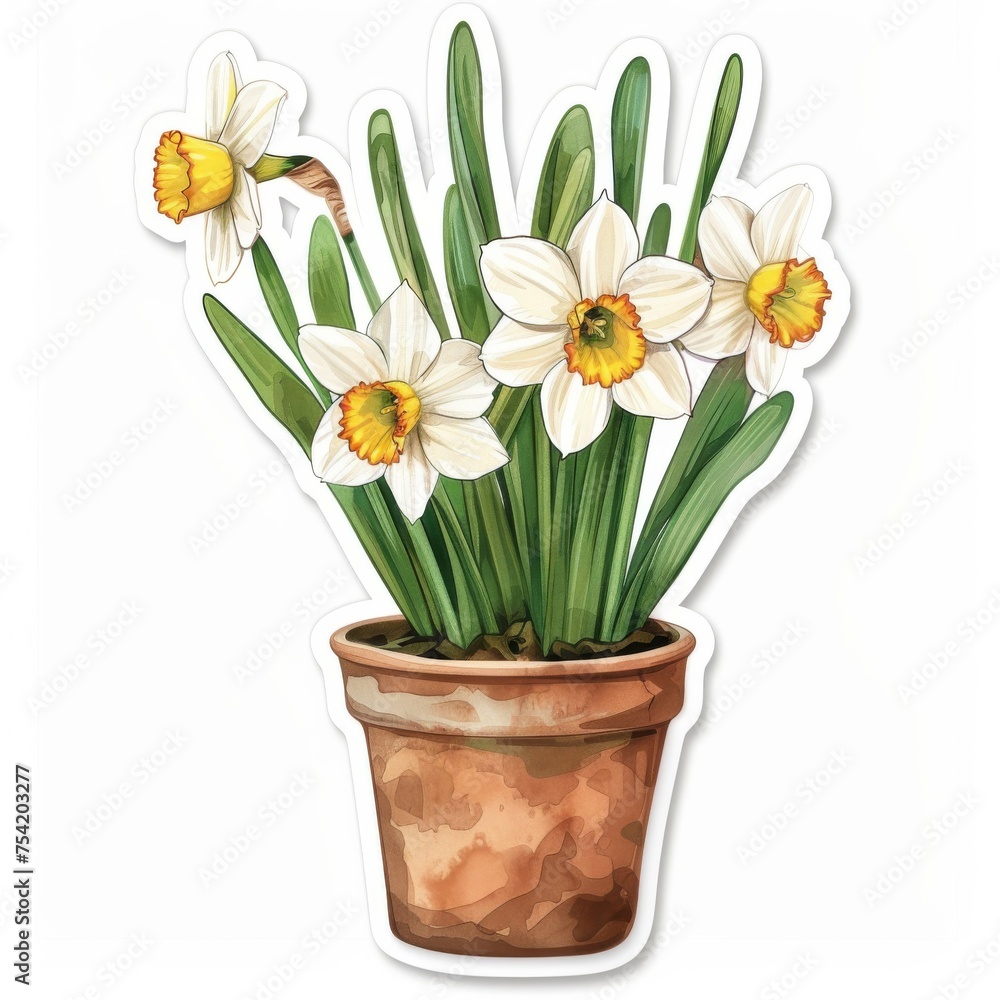 White daffodils, flowers in a brown clay pot, cartoon style, watercolor , natural color, 3d sticker. White daffodils, flowers in a brown clay pot, cartoon style, watercolor , natural color, 3d sticker.