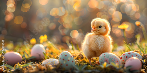 Little chicks and Easter eggs in the grass  A chick with fresh Easter eggs sitting in a flowery field  