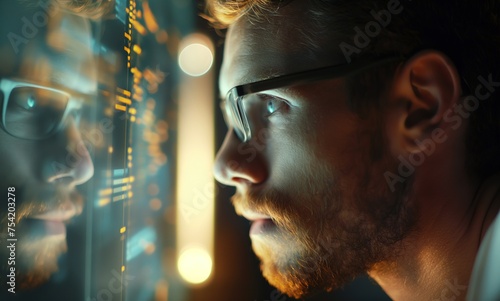 a man looking on bigdata on screen finding the trace of something, data trace, Digital Footprint and Digital trace data them, background wallpaper, Generative Ai photo