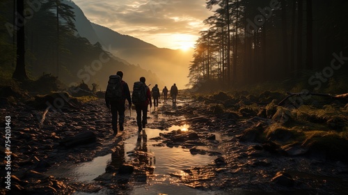A group of people trekking in a mountainous environment with a stream, green meadows, coniferous forest. photo