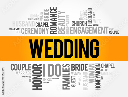 Wedding - formal ceremony or celebration that marks the union of two individuals in marriage, word cloud concept background