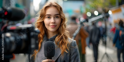 Young female journalist confidently reports news in the city microphone in hand. Concept Journalism, Reporting, City Life, News Coverage, Female Empowerment