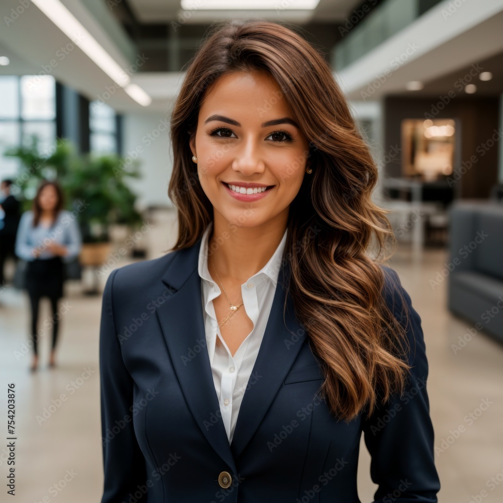 Sophisticated woman standing in modern office with bright lighting Sophisticated woman standing in modern office with bright lighting