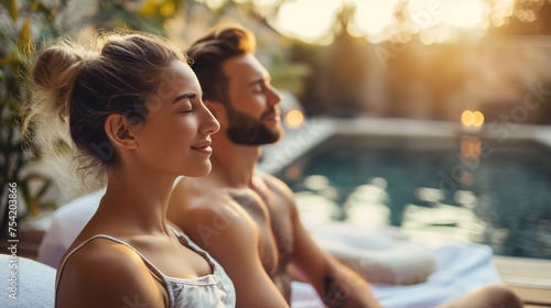 happy African couple lover happy enjoying spend time together at swimming pool at sunset time, Generative Ai 