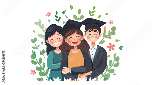 Parents and graduated daughter concept. happy fathers day, happy parents day, Happy girl with graduation hat hugging mother and father. photo