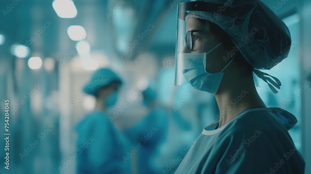 nurses and doctors wearing facemask and protective suit , germs infection preventing, serious working in hospital, Generative Ai nurses and doctors wearing facemask and protective suit , germs infection preventing, serious working in hospital, Generative Ai