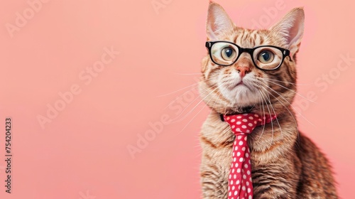 A cat wearing glasses and a necktie in a color background