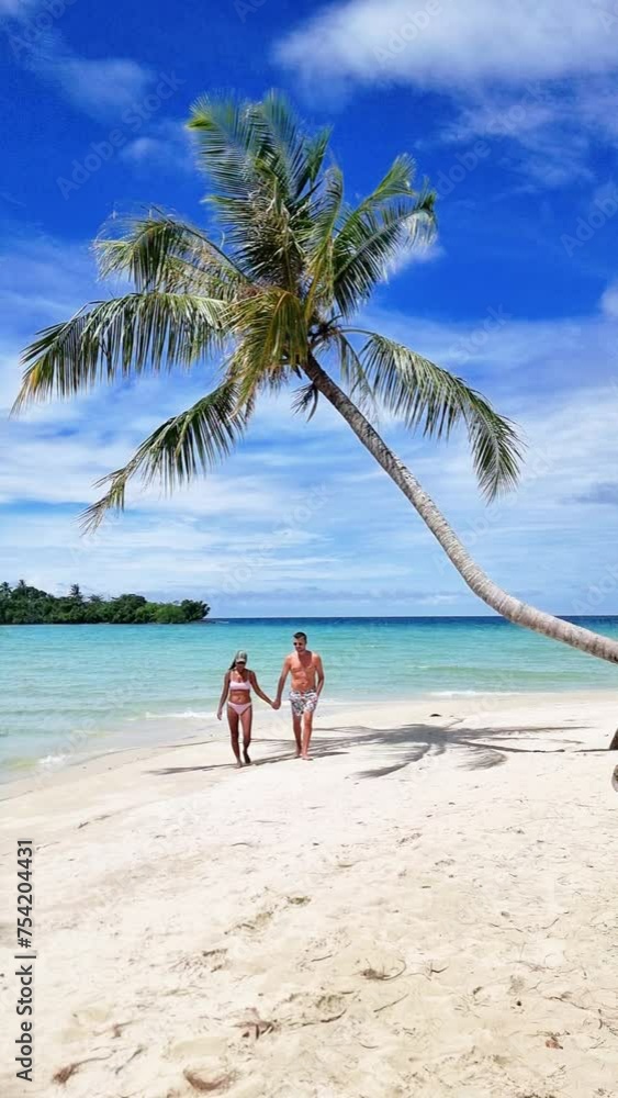A couple strolls along the azure waters of the beach, hand in hand, under the shade of a palm tree, with the clear blue sky above them Koh Kood, Thailand A couple strolls along the azure waters of the beach, hand in hand, under the shade of a palm tree, with the clear blue sky above them Koh Kood, Thailand