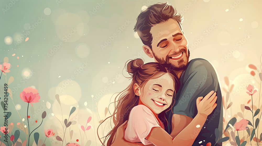 Happy father's day celebration card vector illustration of a girl hugging her father, happy fathers day Happy father's day celebration card vector illustration of a girl hugging her father, happy fathers day