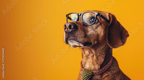 A dog wearing glasses and a necktie in a color background © Exsinghas
