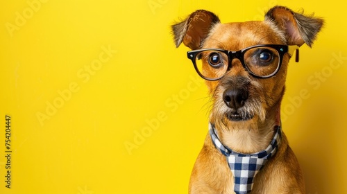 A pet wearing glasses and a necktie in a yellow background