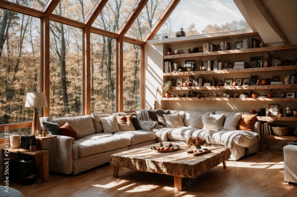 Sunlit cozy living space, large windows show autumn woods view 