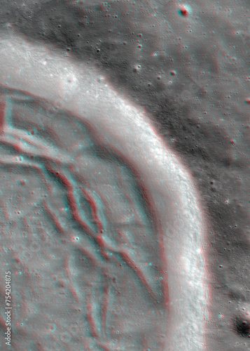 Lunar surface 3d anaglyph of the region near Sarton Z.
Use red/cyan 3d glasses. Image from the Lunar Reconnaissance Orbiter Camera (LROC), NASA/GSFC/Arizona State University.