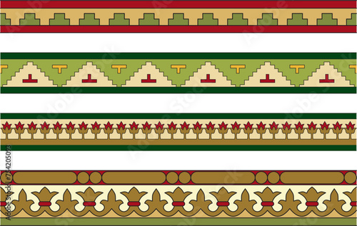 Vector set of colored seamless classic byzantine ornament. Endless border, Ancient Greece, Eastern Roman Empire frame. Decoration of the Russian Orthodox Church..