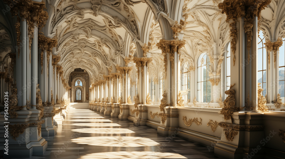 Architectural Grandeur: Long Hallway With Windows and Columns. Generative AI