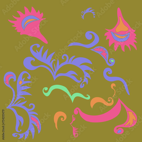 Ornament  colored leaves with spirals, ellipses. Hand drawn.
