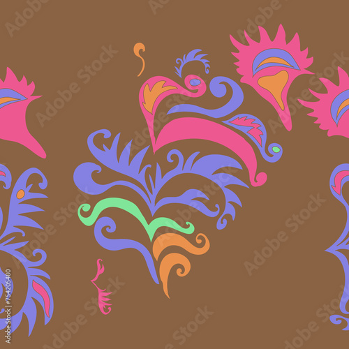 Horizontal pattern  colored leaves with spirals, ellipses. Hand drawn.