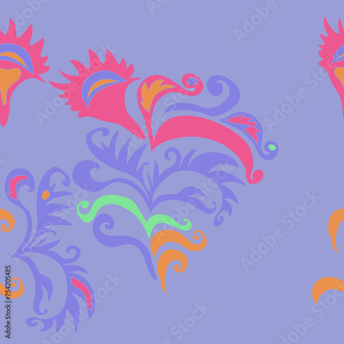 Horizontal arrangement colored leaves with spirals, ellipses. Hand drawn.
