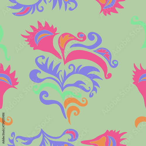 Seamless decorative  colored leaves with spirals, ellipses. Hand drawn.