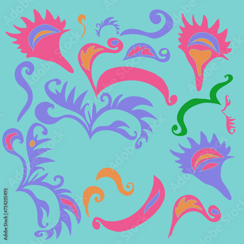 Design  colored leaves with spirals, ellipses. Hand drawn.