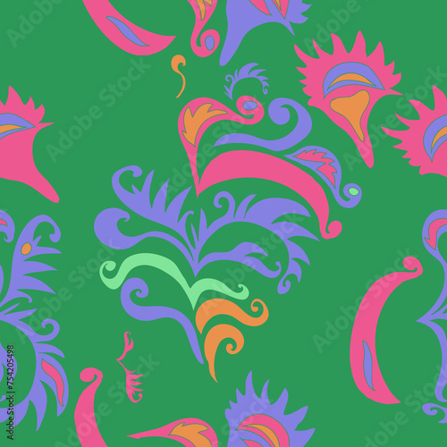 Seamless doodle  colored leaves with spirals, ellipses. Hand drawn.