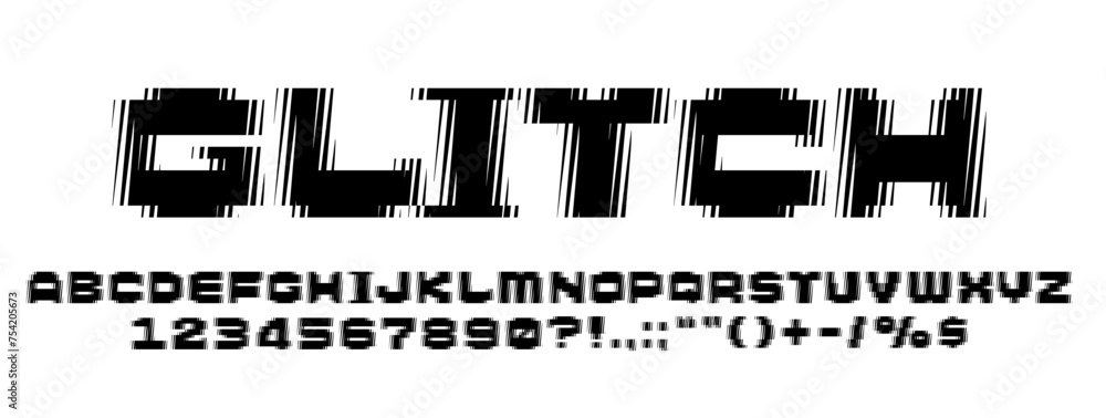 Fototapeta premium Glitch font with digital distortion effects, edgy typography stripes. Isolated alphabet vector of letters and numbers, ideal for tech, cyberpunk, modern designs