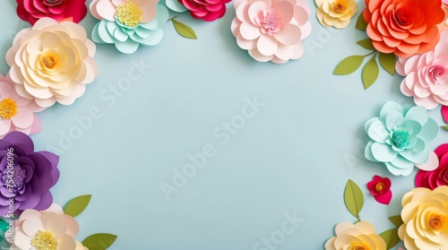 Vibrant crafty border with paper flowers on a soft blue background 