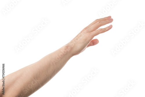 Adult man hand reaching gesture isolated on white background