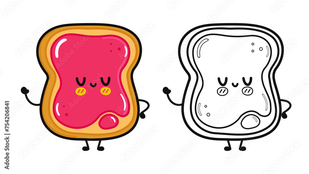 Funny cute happy Toast piece of bread with jam characters bundle set. Vector hand drawn cartoon kawaii illustration. Cute Toast piece of bread with jam. Outline cartoon illustration for coloring book Funny cute happy Toast piece of bread with jam characters bundle set. Vector hand drawn cartoon kawaii illustration. Cute Toast piece of bread with jam. Outline cartoon illustration for coloring book
