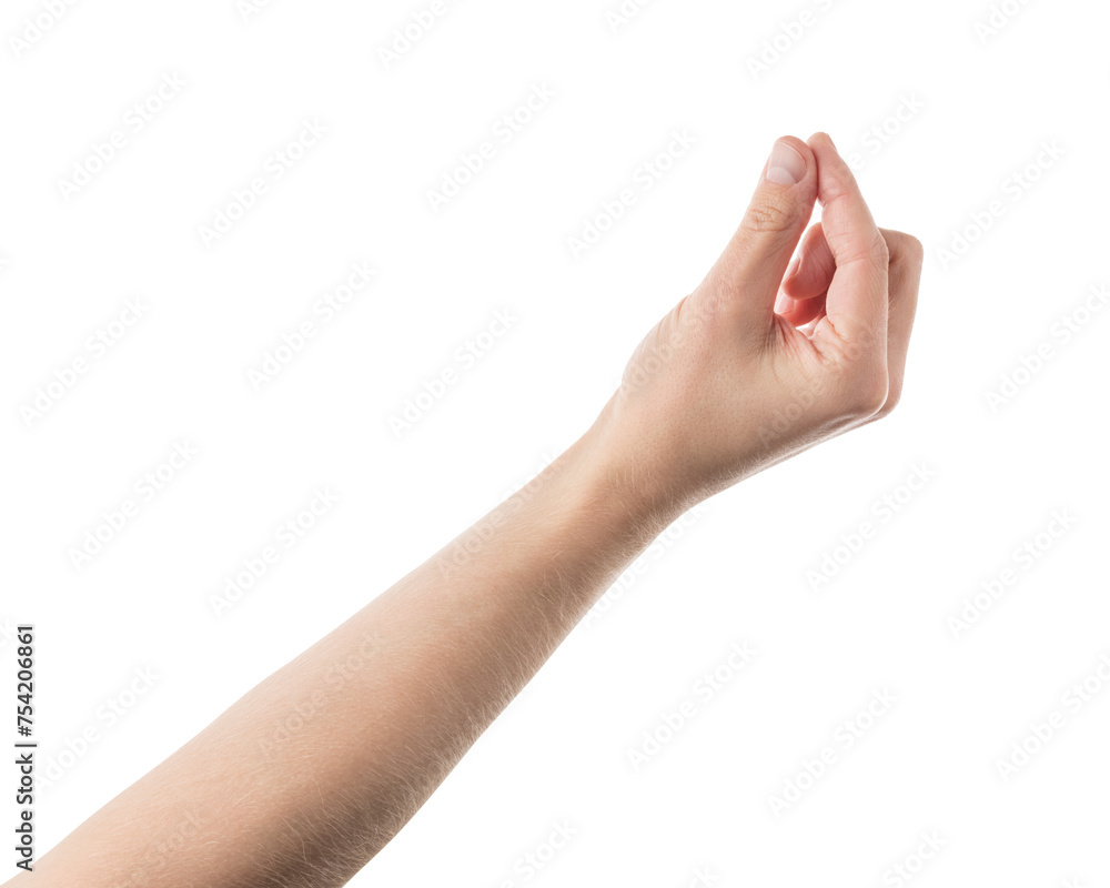 Adult man hand hold something with fingers isolated on white background Adult man hand hold something with fingers isolated on white background