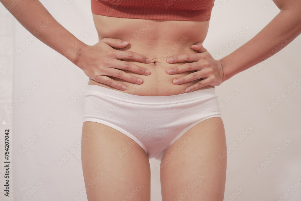 Close-up of woman wearing white panties On a white background about menstruation, cervical cancer, ovarian cancer.