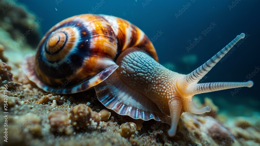 Beautiful underwater sea snail detailed close up shot. AI Generated image of aquatic animal on sea floor. Beautiful underwater sea snail detailed close up shot. AI Generated image of aquatic animal on sea floor.