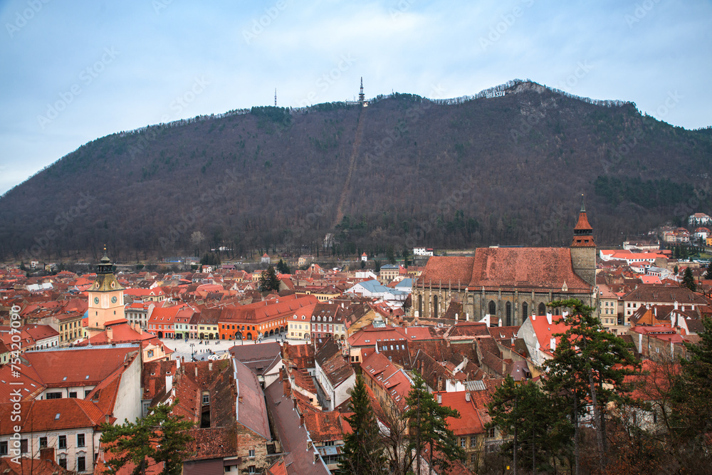 A rooftop view with Brasov city cemter in Romania