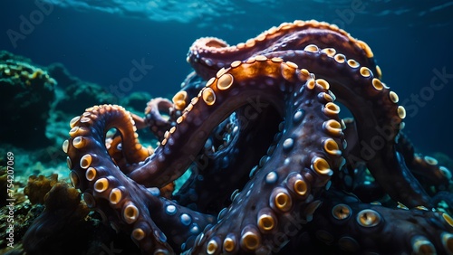 Beautiful underwater octopus detailed close up shot.  AI Generated image of aquatic animal on sea floor. © Basstock