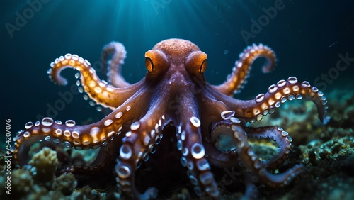 Beautiful underwater octopus detailed close up shot. AI Generated image of aquatic animal on sea floor.