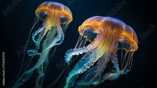 Beautiful underwater majestic jellyfish detailed close up shot.  AI Generated image of aquatic animal in the ocean. © Basstock