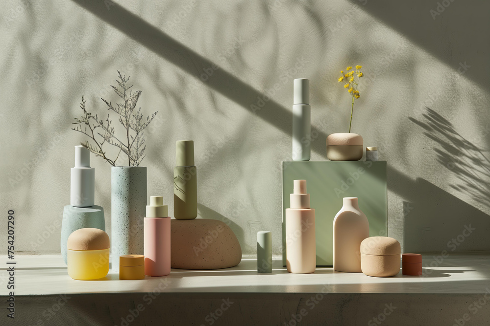 modern composition of various cosmetics on a natural background in minimalist style
modern composition of various cosmetics on a natural background in minimalist style