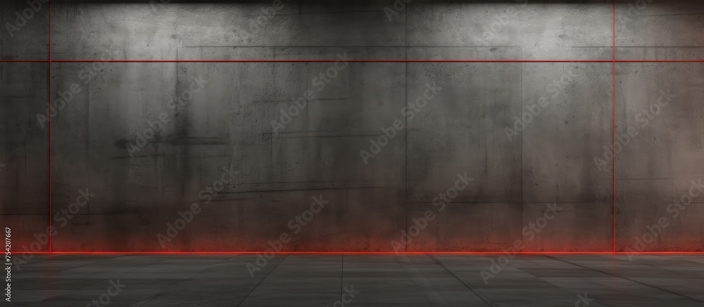 An empty dark concrete room with smooth walls adorned with red lines running horizontally and vertically. The architectural background creates a stark and minimalist atmosphere. An empty dark concrete room with smooth walls adorned with red lines running horizontally and vertically. The architectural background creates a stark and minimalist atmosphere.