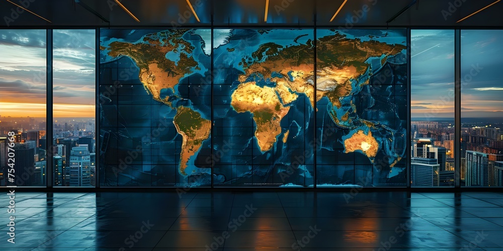 Display of World Map on a Large Video Wall in a Corporate Media Studio ...