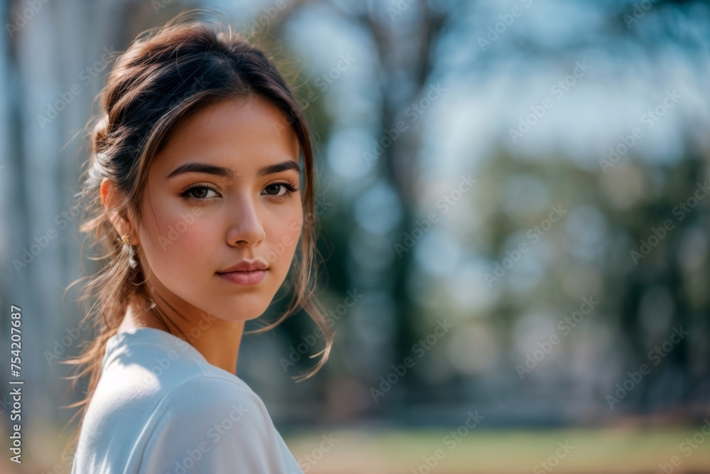Youthful girl turns, background softly blurred in gaze Youthful girl turns, background softly blurred in gaze
