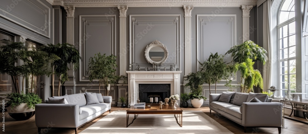A living room filled with various furniture pieces such as sofas, coffee tables, and chairs. A white fireplace with natural pine cuts serves as the focal point,