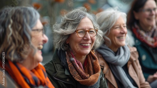 Group of middle-aged women laughing and sharing experiences in a support group setting, emphasizing community and understanding