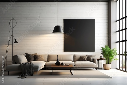 Interior of modern living room with white brick wall, sofa, coffee table and mock up poster frame