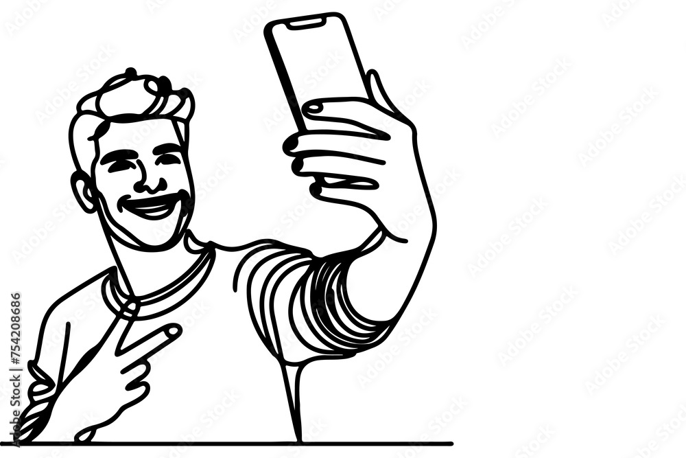 continuous one black line art drawing cheerful young man holding smartphone to taking acting selfie or video call through mobile phone outline doodle vector family travel concept continuous one black line art drawing cheerful young man holding smartphone to taking acting selfie or video call through mobile phone outline doodle vector family travel concept